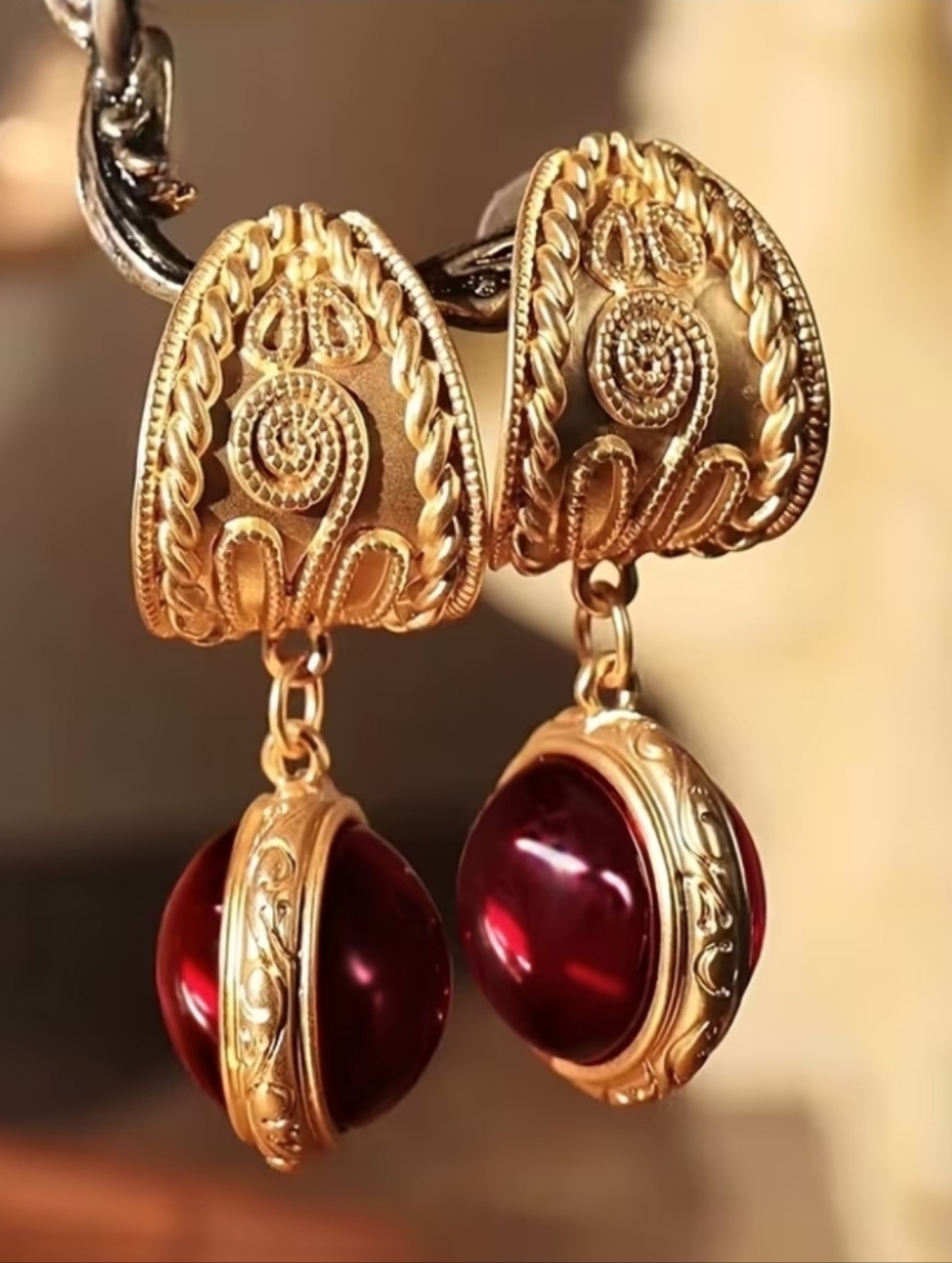 NEW! Gold Plated Filigree Drop Post Earrings with Deep Red Cabochon Stone
